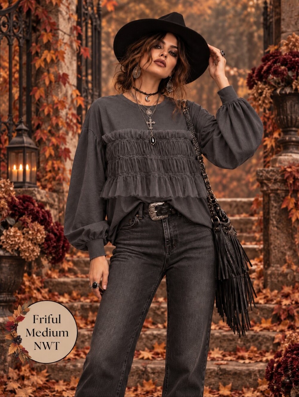 FRIFUL NWT Dark Gray Ruffle Detail Balloon Sleeve Blouse Size Medium